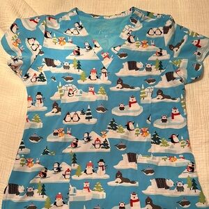 Blue Scrub Top with Penguin Print